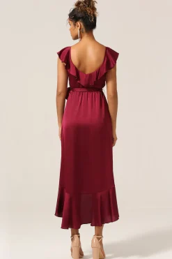 Uma linha V-Neck vestido de dama de honra Borgonha com babados