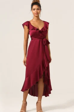 Uma linha V-Neck vestido de dama de honra Borgonha com babados