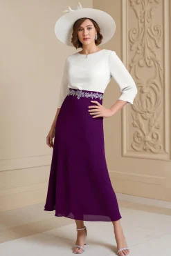 Uva 3/4 manga Bateau pescoço uma linha midi vestido de noiva convidado