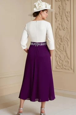 Uva 3/4 manga Bateau pescoço uma linha midi vestido de noiva convidado