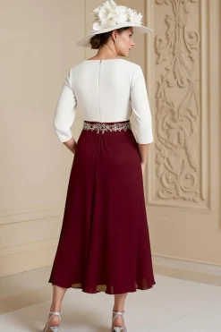 Uva 3/4 manga Bateau pescoço uma linha midi vestido de noiva convidado