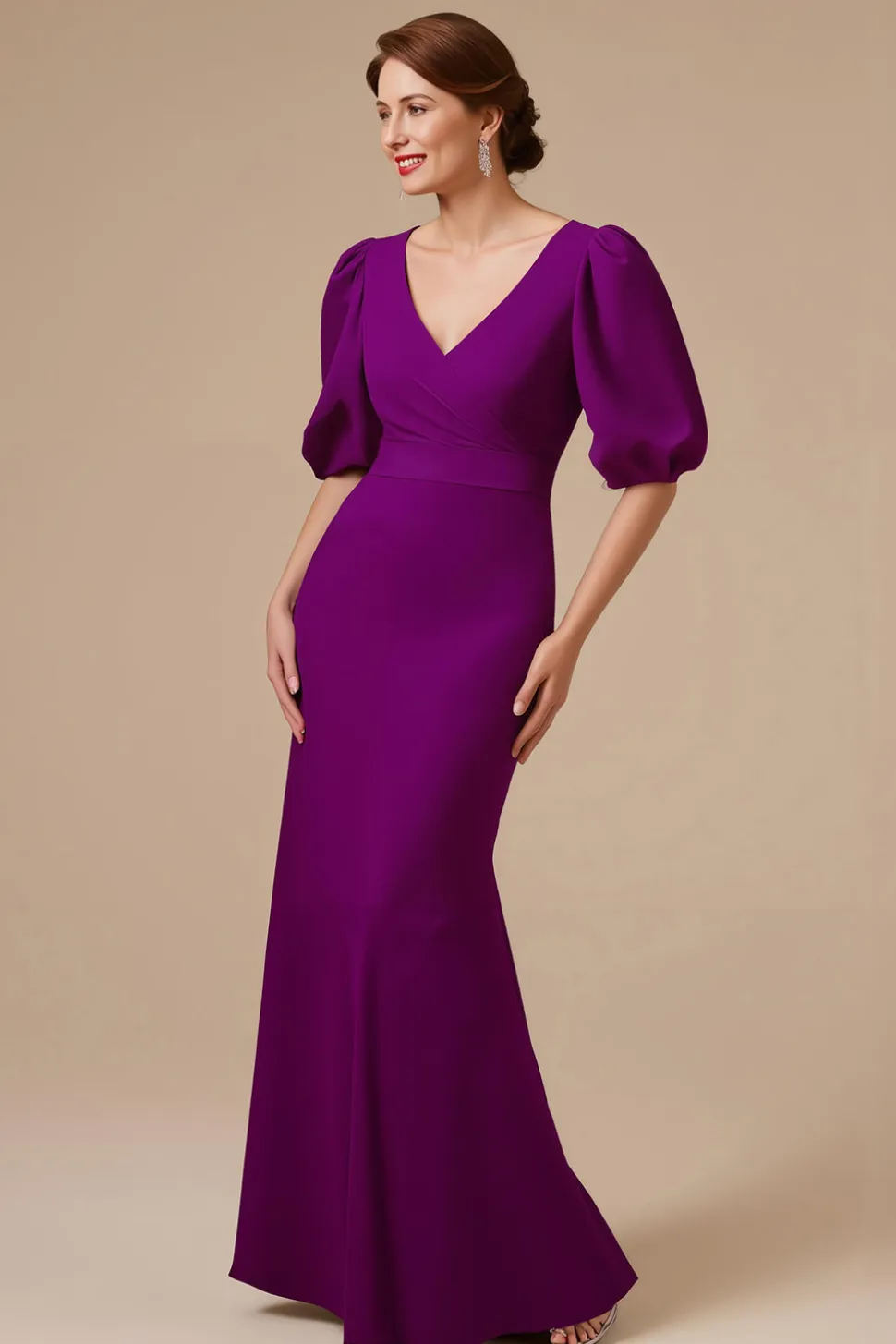 Uva Sereia V-Neck Ruched Meia Manga Mãe do Vestido da Noiva