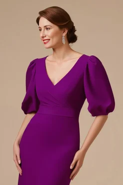 Uva Sereia V-Neck Ruched Meia Manga Mãe do Vestido da Noiva