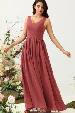 V Pescoço Aberto Costas Rojo Vestido Madrinha