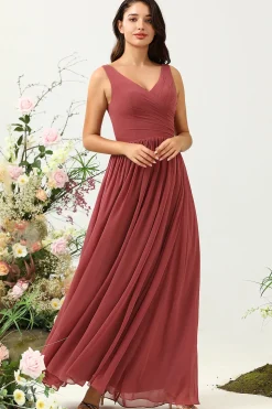 V Pescoço Aberto Costas Rojo Vestido Madrinha