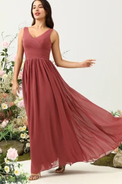 V Pescoço Aberto Costas Rojo Vestido Madrinha