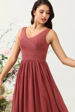 V Pescoço Aberto Costas Rojo Vestido Madrinha