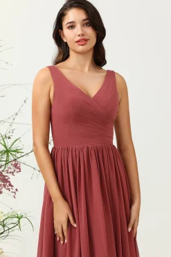 V Pescoço Aberto Costas Rojo Vestido Madrinha