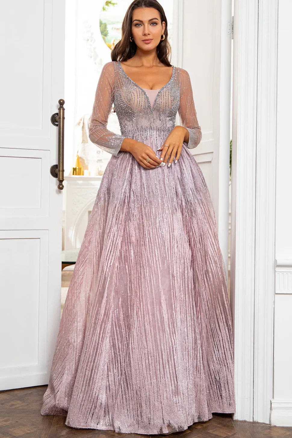 V Pescoço Cinzento Rosa Mãe Vestido com Missanga