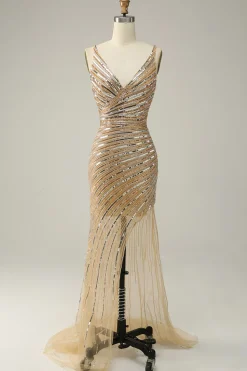 V Pescoço Dourado Vestido de Festa Com Costas Abertas