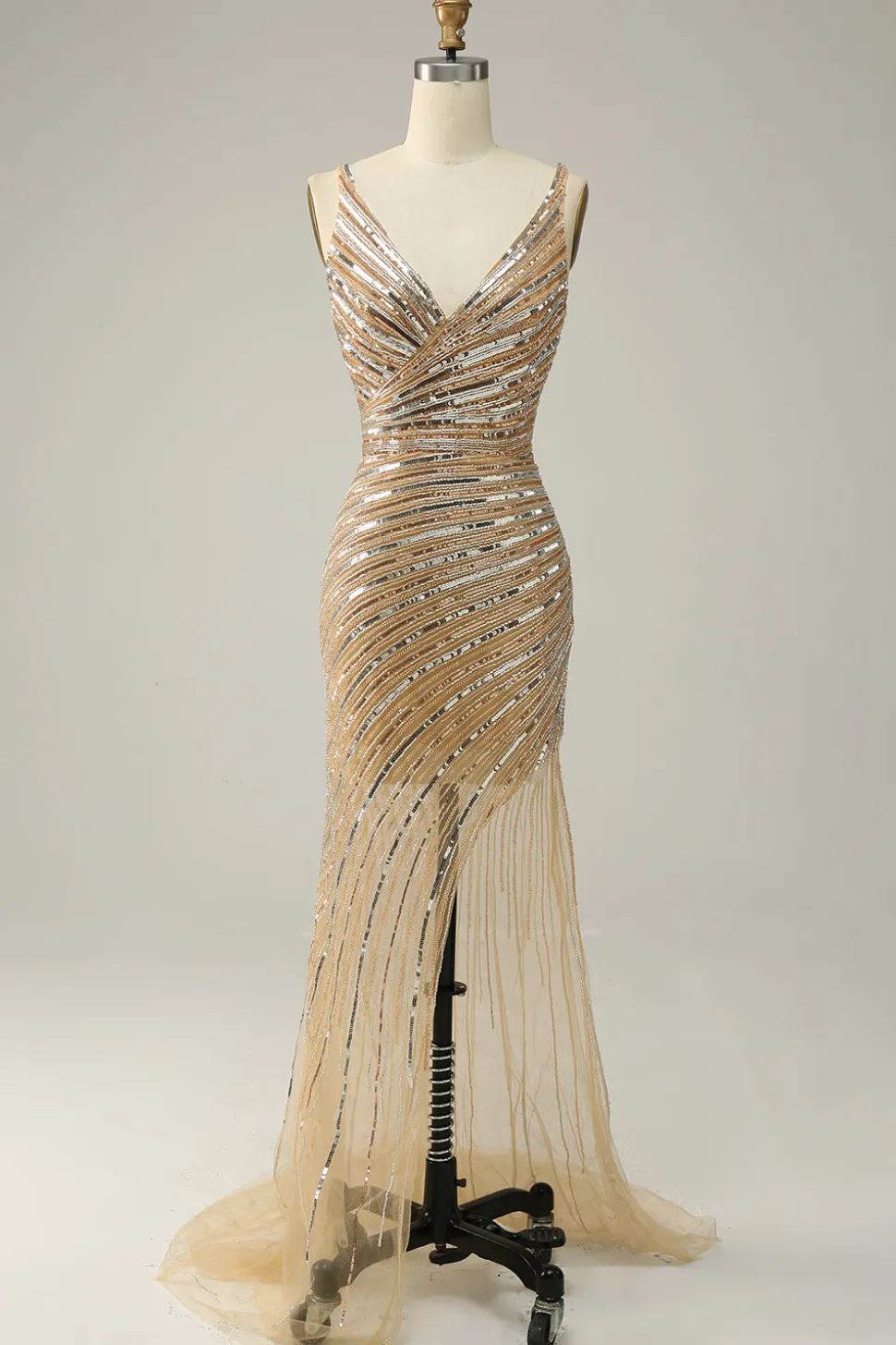 V Pescoço Dourado Vestido de Festa Com Costas Abertas