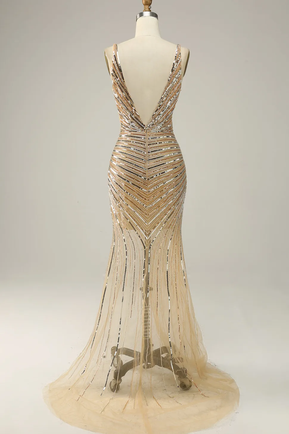 V Pescoço Dourado Vestido de Festa Com Costas Abertas
