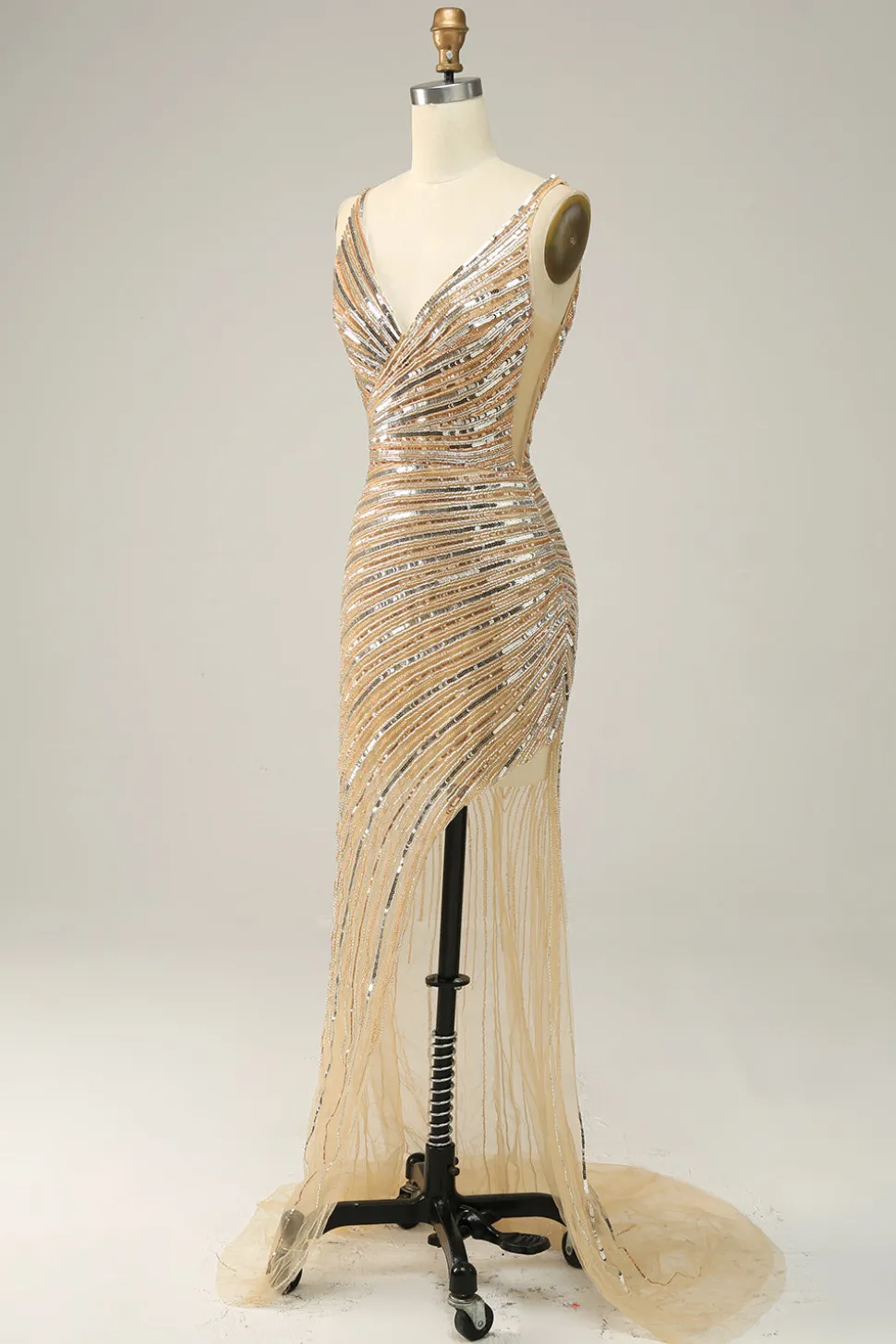 V Pescoço Dourado Vestido de Festa Com Costas Abertas