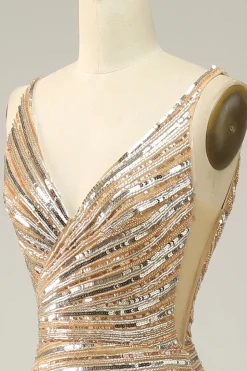 V Pescoço Dourado Vestido de Festa Com Costas Abertas