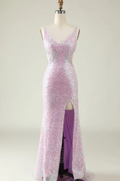 V Pescoço Lilás Vestido de Baile Lantejoulas