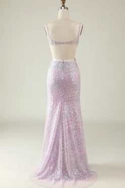 V Pescoço Lilás Vestido de Baile Lantejoulas
