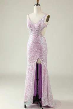 V Pescoço Lilás Vestido de Baile Lantejoulas