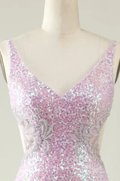 V Pescoço Lilás Vestido de Baile Lantejoulas