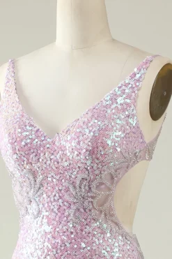 V Pescoço Lilás Vestido de Baile Lantejoulas
