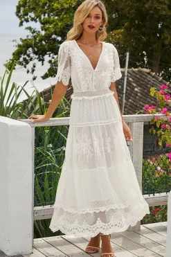 V Pescoço Mangas Curtas Renda Vestido de verão