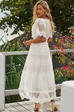 V Pescoço Mangas Curtas Renda Vestido de verão