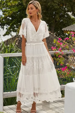 V Pescoço Mangas Curtas Renda Vestido de verão