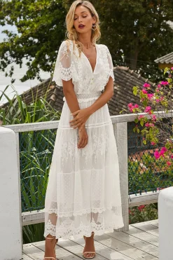 V Pescoço Mangas Curtas Renda Vestido de verão