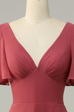 V Pescoço Mangas Curtas Vestido Madrinha com Costa Aberta