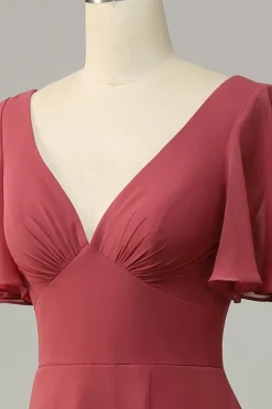 V Pescoço Mangas Curtas Vestido Madrinha com Costa Aberta