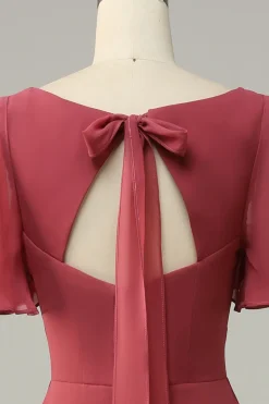 V Pescoço Mangas Curtas Vestido Madrinha com Costa Aberta