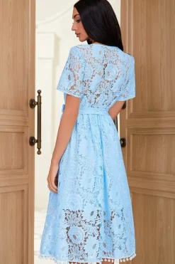 V Pescoço Médio Comprimento Azul Vestido de festa de renda azul com botão