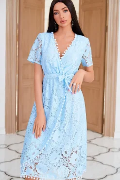 V Pescoço Médio Comprimento Azul Vestido de festa de renda azul com botão