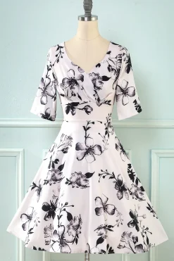 V Pescoço Meia Mangas Branco Estampado Vestido Vintage