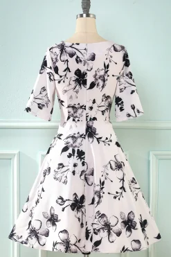 V Pescoço Meia Mangas Branco Estampado Vestido Vintage