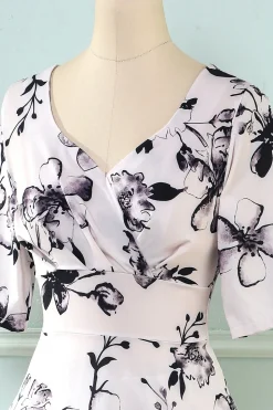 V Pescoço Meia Mangas Branco Estampado Vestido Vintage