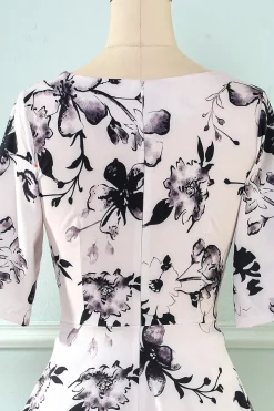 V Pescoço Meia Mangas Branco Estampado Vestido Vintage