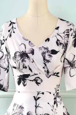 V Pescoço Meia Mangas Branco Estampado Vestido Vintage