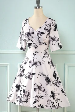 V Pescoço Meia Mangas Branco Estampado Vestido Vintage