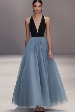 V pescoço preto azul plissado tule longo vestido formal