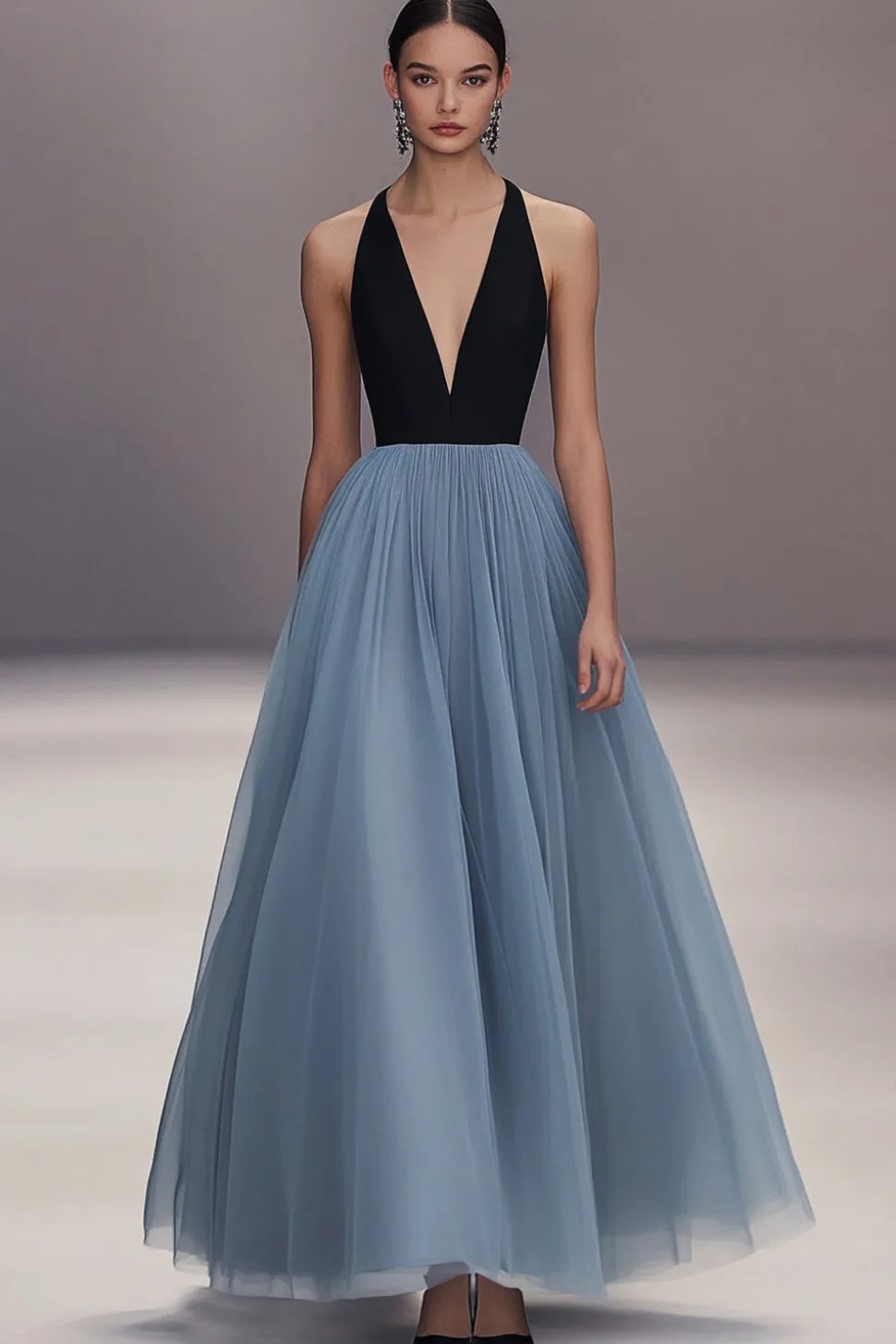 V pescoço preto azul plissado tule longo vestido formal
