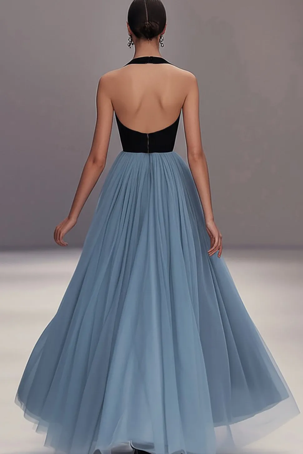 V pescoço preto azul plissado tule longo vestido formal