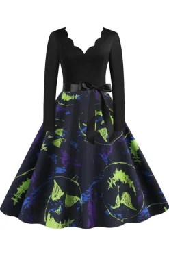 V Pescoço Preto Halloween vestido vintage impresso