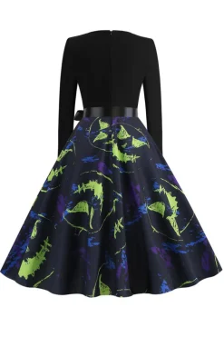 V Pescoço Preto Halloween vestido vintage impresso