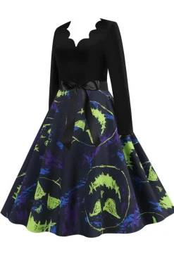 V Pescoço Preto Halloween vestido vintage impresso