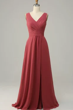 V Pescoço Rojo Chiffon Vestido de Madrinha