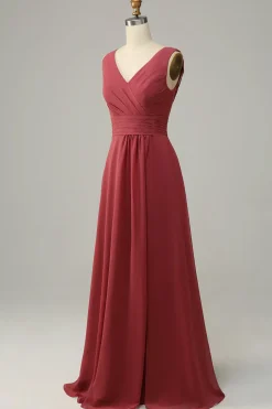 V Pescoço Rojo Chiffon Vestido de Madrinha