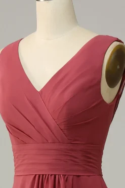 V Pescoço Rojo Chiffon Vestido de Madrinha