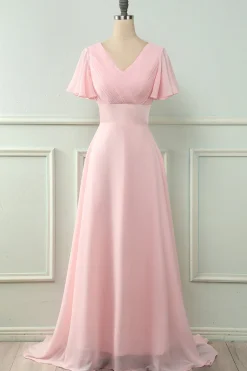 V Pescoço Rosa Dama de Honra Vestido com Ruffles