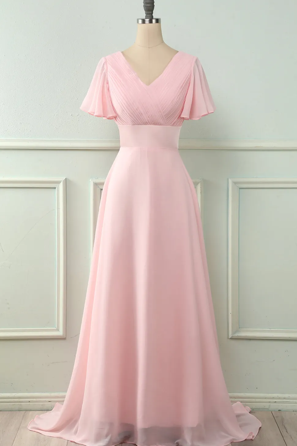 V Pescoço Rosa Dama de Honra Vestido com Ruffles