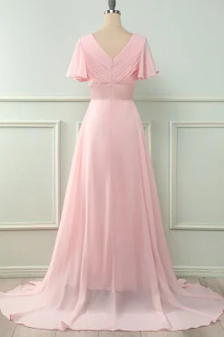 V Pescoço Rosa Dama de Honra Vestido com Ruffles